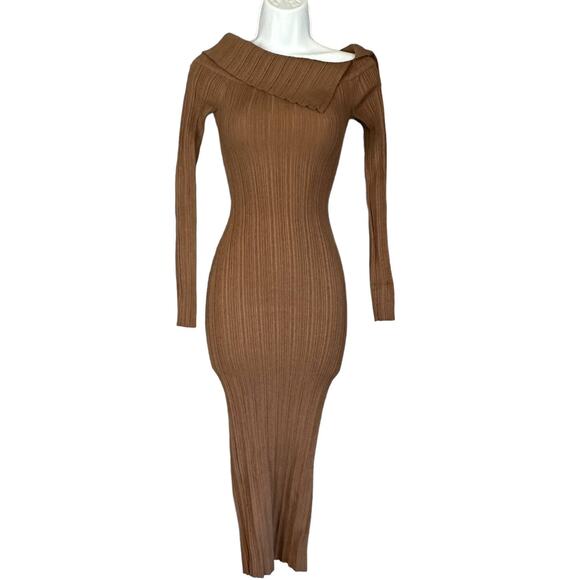 NBD Brown Ribbed Knit Midi Dress XS Off Shoulder Marlow Bodycon Revolve $198 NEW - Picture 5 of 7